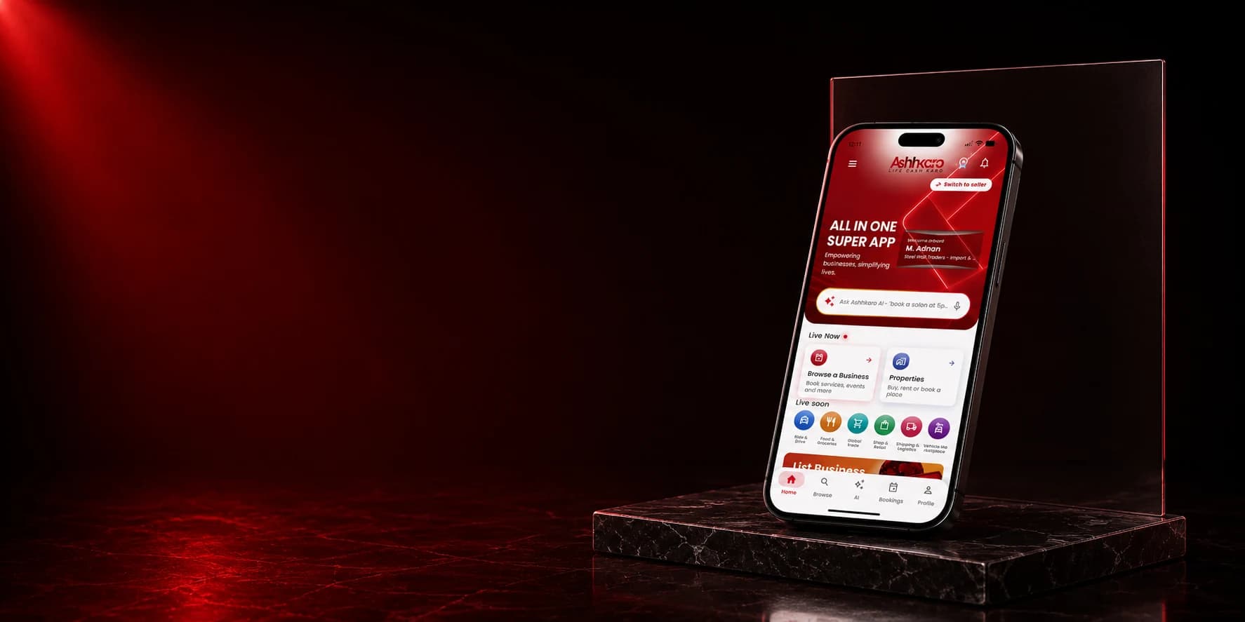 The Ashhkaro app on an iPhone, lit in red