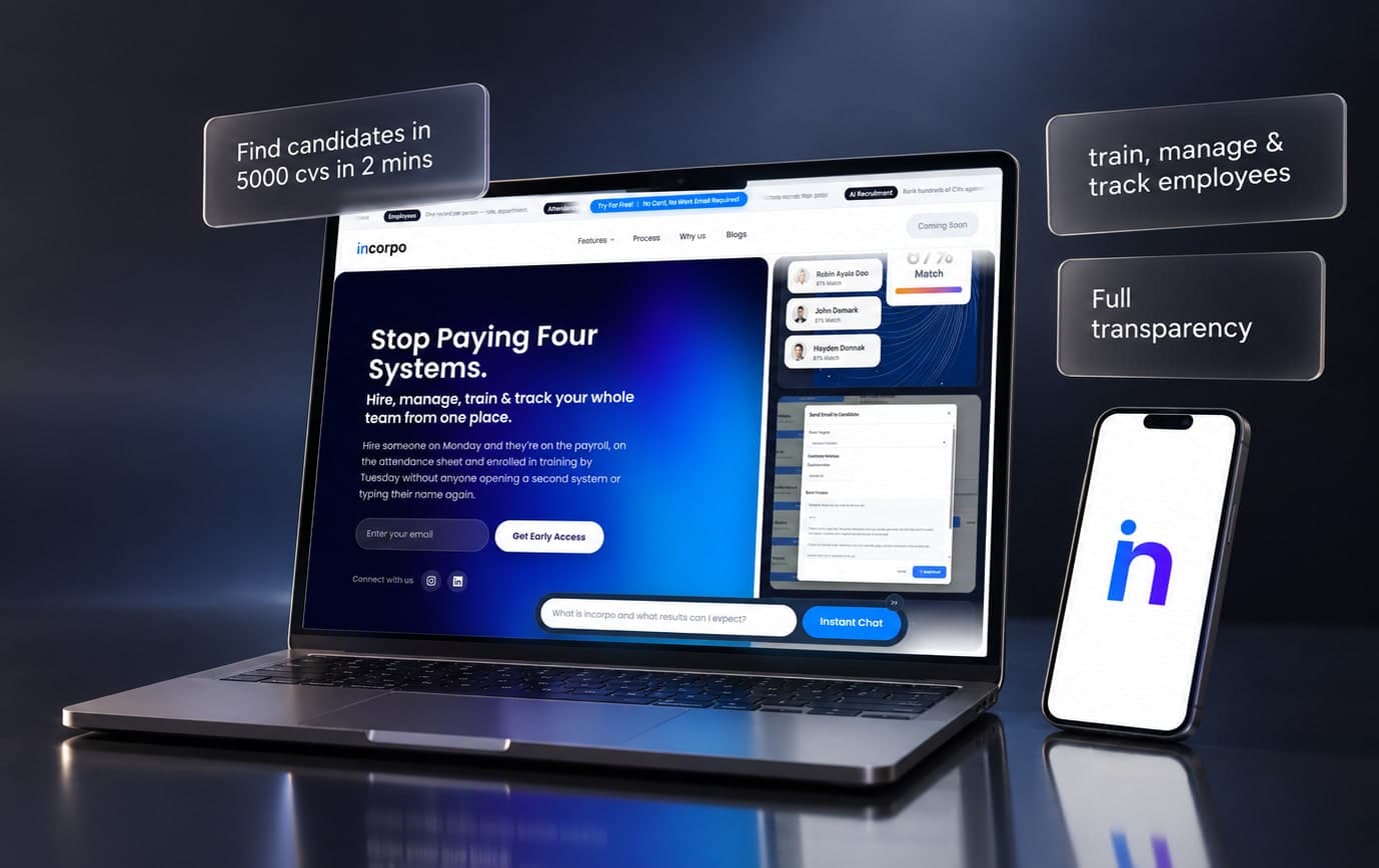 Incorpo on a laptop and a phone: hire, manage, train and track your whole team from one place